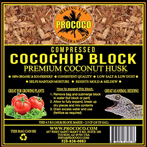 Prococo Compressed Coconut Husk Coco Coir Chips Natural Cocochip Block Great for Reptile Bedding Substrate, Mulch for Landscaping, Garden, Plant Soil Mixes 10 lbs
