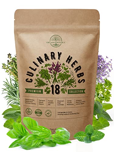 18 Culinary Herbs Seeds Variety Pack - Heirloom, NON-GMO, Herbs Seeds for Planting Outdoor and Indoor - Home Gardening. Over 5000+ seeds including Rosemary, Thyme, Oregano, Mint, Basil, Parsley & More