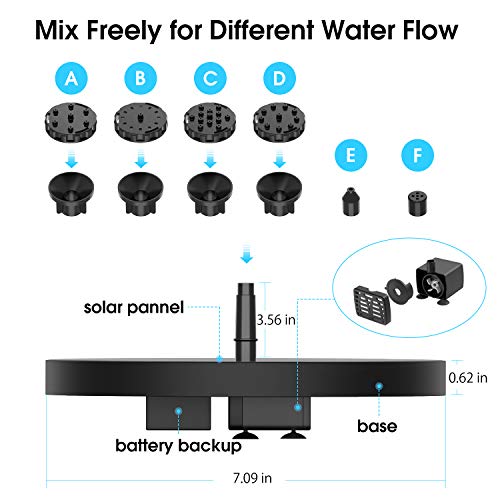 AISITIN 3.5W Solar Bird Bath Fountain Built-in 1500mAh Battery, Solar Water Fountain with 6 Nozzles, Solar Floating Fountain Pump for Bird Bath, Fish Tank, Pond, Pool, Garden and Outdoor