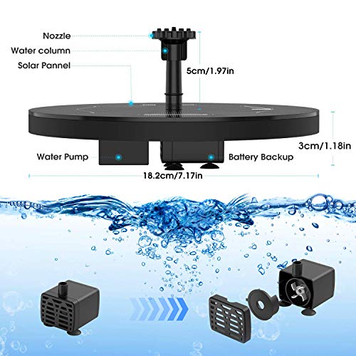 AISITIN 3.5W Solar Bird Bath Fountain Built-in 1500mAh Battery, Solar Water Fountain with 6 Nozzles, Solar Floating Fountain Pump for Bird Bath, Fish Tank, Pond, Pool, Garden and Outdoor