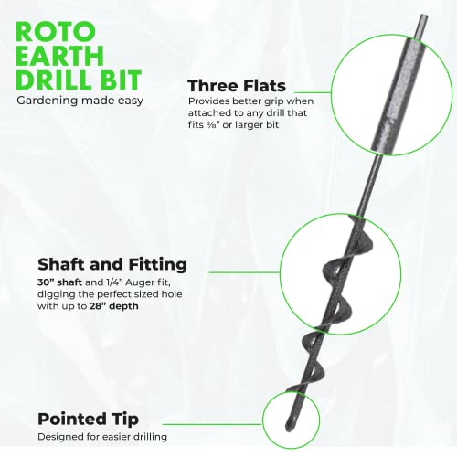 Yard Butler Roto Earth 30” Aerating Irrigating Planting Auger Drill Bit - Heavy Duty Electric Powered Device for Digging - Speed Garden Tool Attachment for Soil Digging