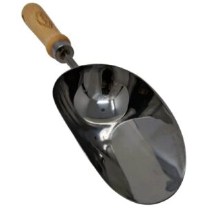giant 13.5” stainless steel scoop with long, beautiful wooden handle. perfect for fertilizer and compost in the garden or use with ice, dry goods, pet food or feed. – by truly garden