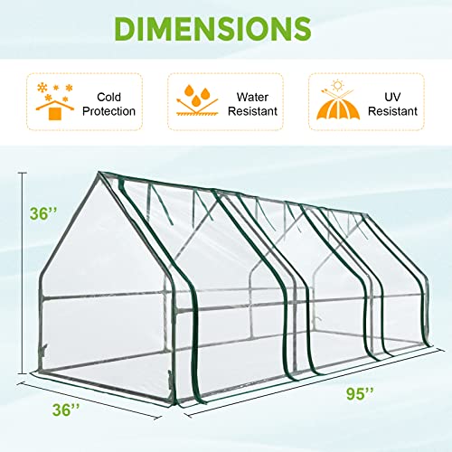 EAGLE PEAK Garden Low Tunnel Portable Greenhouse 96'' x 36'' x 36'' with Large Zipper Doors for Indoor Outdoor Plants Mini Hot House PVC Cover Easy Access Zippered Doors, Transparent