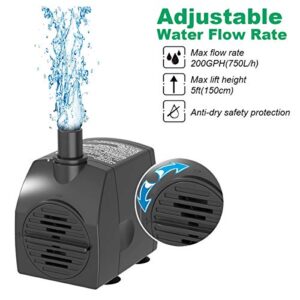 Submersible Water Pump 6.1ft Power Cord 200GPH Ultra Quiet Pump with Dry Burning Protection for Fountains, Hydroponics, Ponds, Statuary, Aquariums - More…