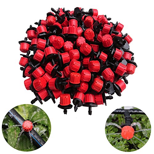 Kalolary 100Pcs 1/4Inch Adjustable Micro Drip Irrigation System Watering Sprinklers Anti-Clogging Emitter Dripper Garden Supplies(Red)