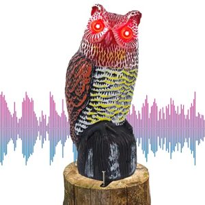 hausse solar fake horned owl statue, solar powered halloween motion activated scarecrow deterrent owl with red eyes, scary sound scare birds away for garden yard outdoor