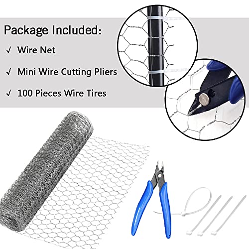 Chicken Wire Fencing Mesh 13.7 in x 237 in Poultry Wire Netting Hexagonal Galvanized Garden Fence Barrier for Pet Rabbit Chicken Fencing with 100 Pcs Cable Zip Ties and Mini Cutting Pliers