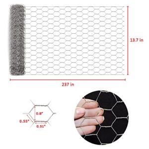 Chicken Wire Fencing Mesh 13.7 in x 237 in Poultry Wire Netting Hexagonal Galvanized Garden Fence Barrier for Pet Rabbit Chicken Fencing with 100 Pcs Cable Zip Ties and Mini Cutting Pliers