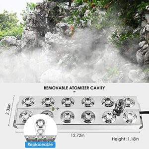 BITOWAT Ultrasonic Fogger 12 Heads Mist Maker with Waterproof Power Supply + 6 PCS Replaceable Ceramics Discs + Replacement Tool 7kg/h Mini Fog Machine for Greenhouse Garden Lawn and Pond