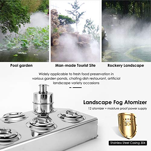 BITOWAT Ultrasonic Fogger 12 Heads Mist Maker with Waterproof Power Supply + 6 PCS Replaceable Ceramics Discs + Replacement Tool 7kg/h Mini Fog Machine for Greenhouse Garden Lawn and Pond