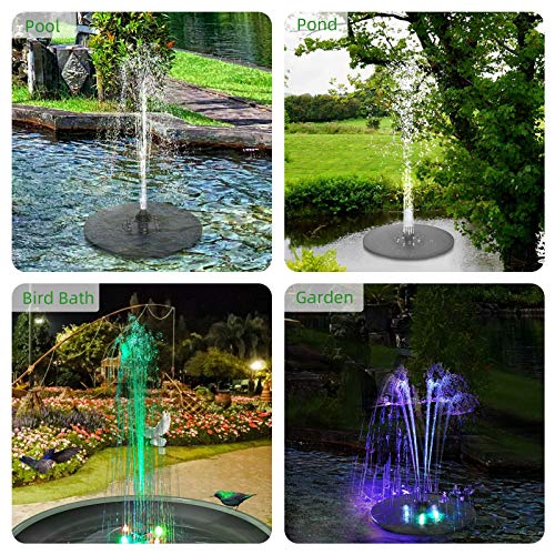 KVISTER Solar Fountain Pump for Bird Bath with LED Lights, 3W Solar Water Pump Floating Fountain w/7 Nozzles, Anti-Drift, Water Cycling for Garden Bird Bath Pond Backyard Decoration