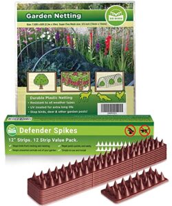 de-bird bundle includes: defender spikes 12 pk & heavy duty bird netting to protect plants – keep away pigeon, woodpecker & cats from your garden and crops