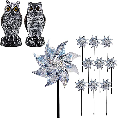 Hausse 2 Pack Fake Horned Owl | 10 Pack Reflective Pinwheels with Stakes