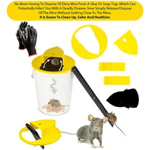 BEHYSH Mouse Trap Bucket Lid Reinforced with Greater Stability and Security - Reusable Smart Mice Trap Multi Catch - Kit Rat Trap Bucket lid Magic Reset Auto Flip and Slide - Double Coated ​Gloves