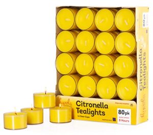 tealight citronella candles outdoor – 8 hour burn time – indoor and outdoor mosquito, insect and bug repellent citronella candle – natural fresh scent – decorative in clear cup – 80 pack