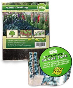 de-bird bundle includes: scare tape – reflective tape and heavy duty bird netting to keep away woodpecker, pigeon, and protect plants & fruit trees