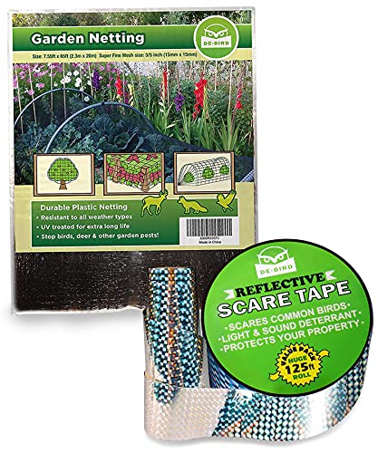 De-Bird Bundle Includes: Scare Tape - Reflective Tape and Heavy Duty Bird Netting to Keep Away Woodpecker, Pigeon, and Protect Plants & Fruit Trees