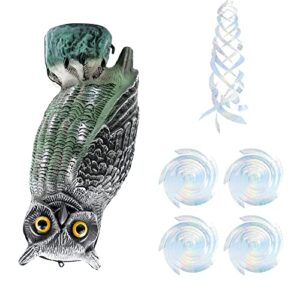christmas owl decoys to scare birds away with 4 pcs hanging reflective bird scare spiral rods, plastic fake owl to keep birds away