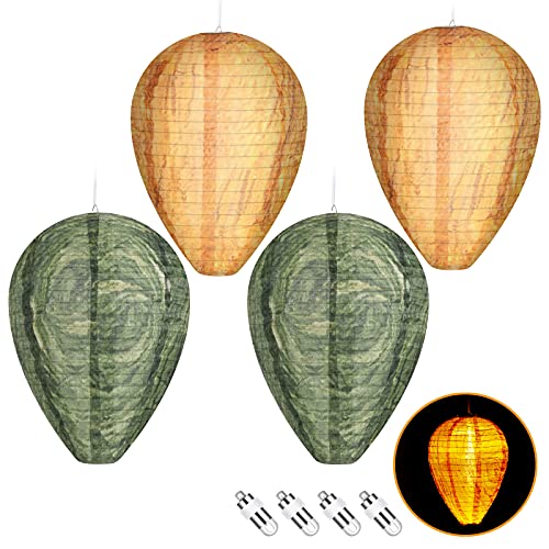 4 Pieces Wasp Nest Decoys Wasp Deterrent for Bees Hornets 4 Pieces Waterproof LED Light Yellow and Dark Green Outdoor Cloth Lantern Hanging