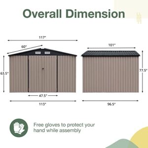 OC Orange-Casual 10 x 8 FT Outdoor Storage Shed, Metal Garden Tool Shed, Outside Sheds & Outdoor Storage Galvanized Steel with Lockable Door for Backyard, Patio, Lawn, Brown