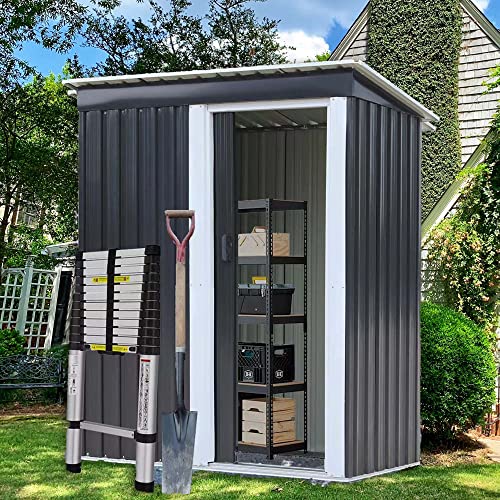 Flyzy Outdoor Storage Shed 5x3 FT, Metal Utility Tool Metal Garden Shed with Sliding Door, Storage Shed, Matel Outdoor Shed for Backyard Patio Garden Lawn (Black)