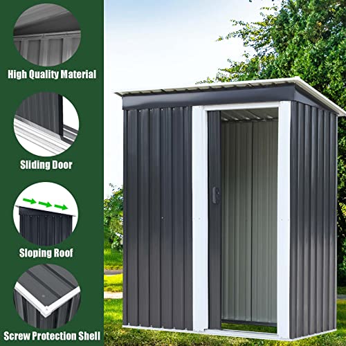 Flyzy Outdoor Storage Shed 5x3 FT, Metal Utility Tool Metal Garden Shed with Sliding Door, Storage Shed, Matel Outdoor Shed for Backyard Patio Garden Lawn (Black)