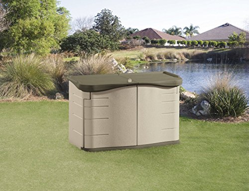 Rubbermaid Split-Lid Resin Weather Resistant Outdoor Storage Shed, Olive and Sandstone, for Garden/Backyard/Home/Pool
