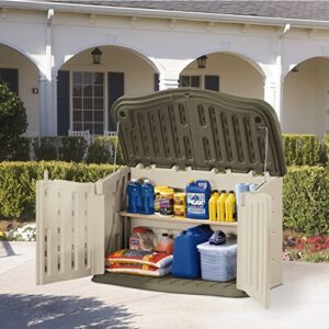 Rubbermaid Split-Lid Resin Weather Resistant Outdoor Storage Shed, Olive and Sandstone, for Garden/Backyard/Home/Pool