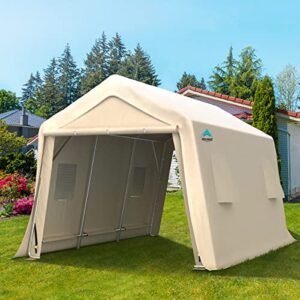 ADVANCE OUTDOOR 10X15 ft Garage Shelter Steel Metal Peak Roof Anti-Snow Portable Storage Shed Carport for Motorcycle Boat or Garden Tools with 2 Roll up Doors & Vents, Beige