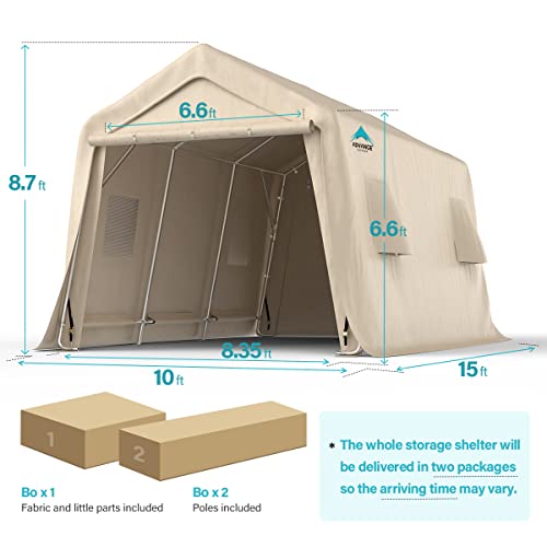 ADVANCE OUTDOOR 10X15 ft Garage Shelter Steel Metal Peak Roof Anti-Snow Portable Storage Shed Carport for Motorcycle Boat or Garden Tools with 2 Roll up Doors & Vents, Beige