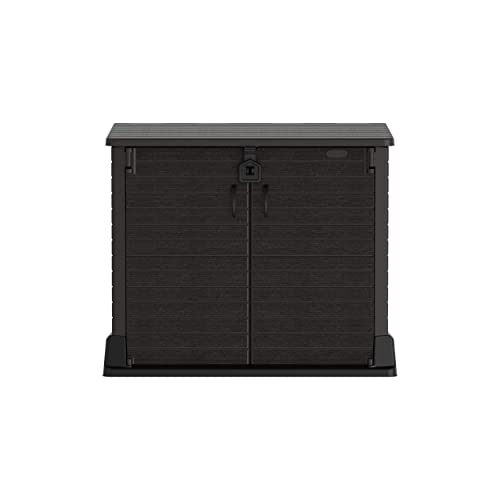 Duramax Cedargrain StoreAway 850L Plastic Garden Storage Shed - Outdoor Storage Bike Shed – Durable & Strong Construction– Ideal for Tools, Bikes, BBQs & 2x 120L Garbage Bins, 130 x 74 x 110 cm, Brown