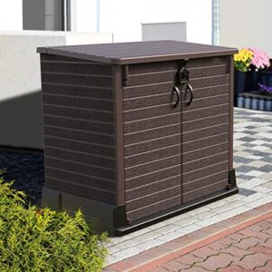 Duramax Cedargrain StoreAway 850L Plastic Garden Storage Shed - Outdoor Storage Bike Shed – Durable & Strong Construction– Ideal for Tools, Bikes, BBQs & 2x 120L Garbage Bins, 130 x 74 x 110 cm, Brown