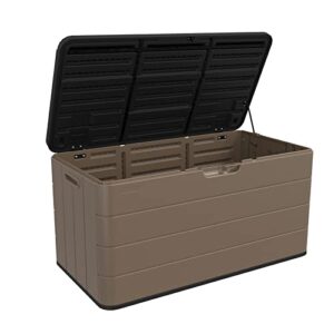 addok 85 gallon deck box lockable, resin outdoor garden storage box waterproof, bench storage boxes for outside, yard,toys and garden tools (brown)
