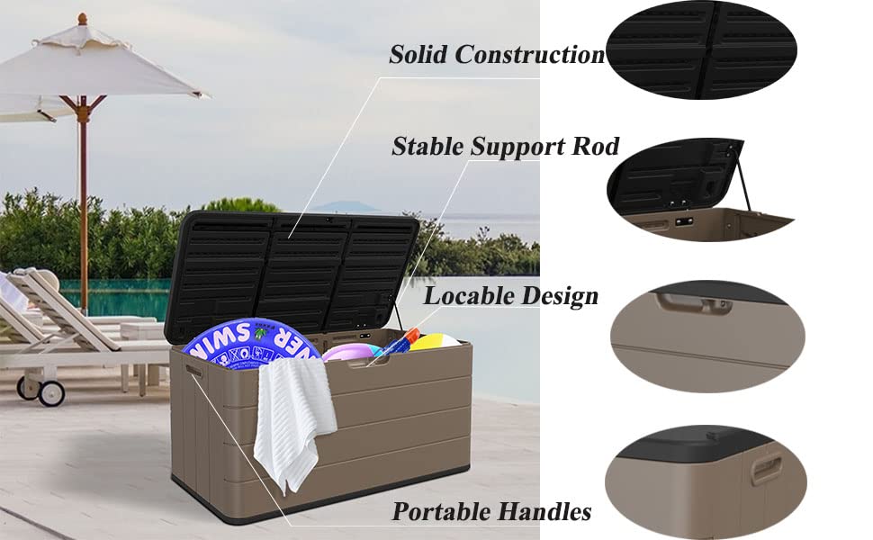 ADDOK 85 Gallon Deck Box Lockable, Resin Outdoor Garden Storage Box Waterproof, Bench Storage Boxes for Outside, Yard,Toys and Garden Tools (Brown)