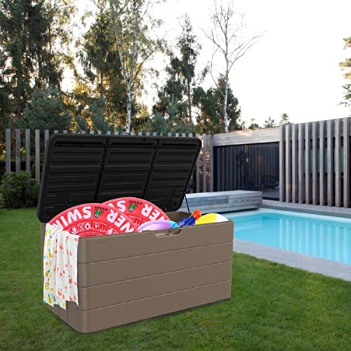 ADDOK 85 Gallon Deck Box Lockable, Resin Outdoor Garden Storage Box Waterproof, Bench Storage Boxes for Outside, Yard,Toys and Garden Tools (Brown)