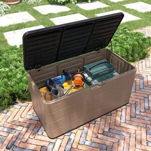 ADDOK 85 Gallon Deck Box Lockable, Resin Outdoor Garden Storage Box Waterproof, Bench Storage Boxes for Outside, Yard,Toys and Garden Tools (Brown)