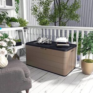 ADDOK 85 Gallon Deck Box Lockable, Resin Outdoor Garden Storage Box Waterproof, Bench Storage Boxes for Outside, Yard,Toys and Garden Tools (Brown)