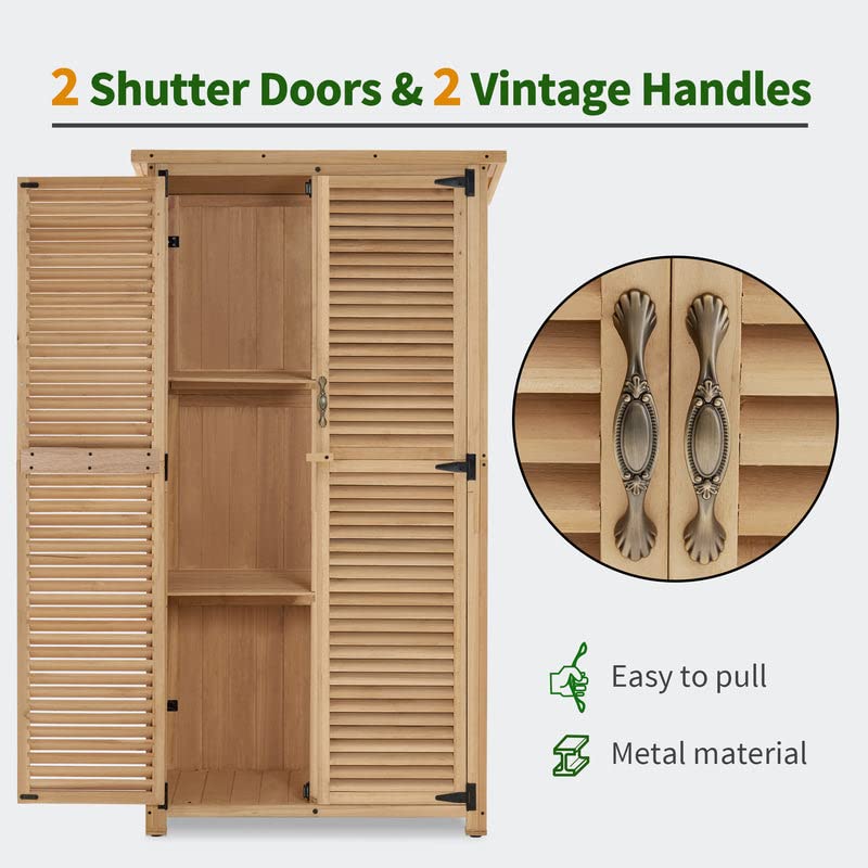 MCombo Outdoor Wooden Storage Cabinet, Garden Tool Shed with Latch, Outside Tools Wood Cabinet with Double Doors for Patio 0808