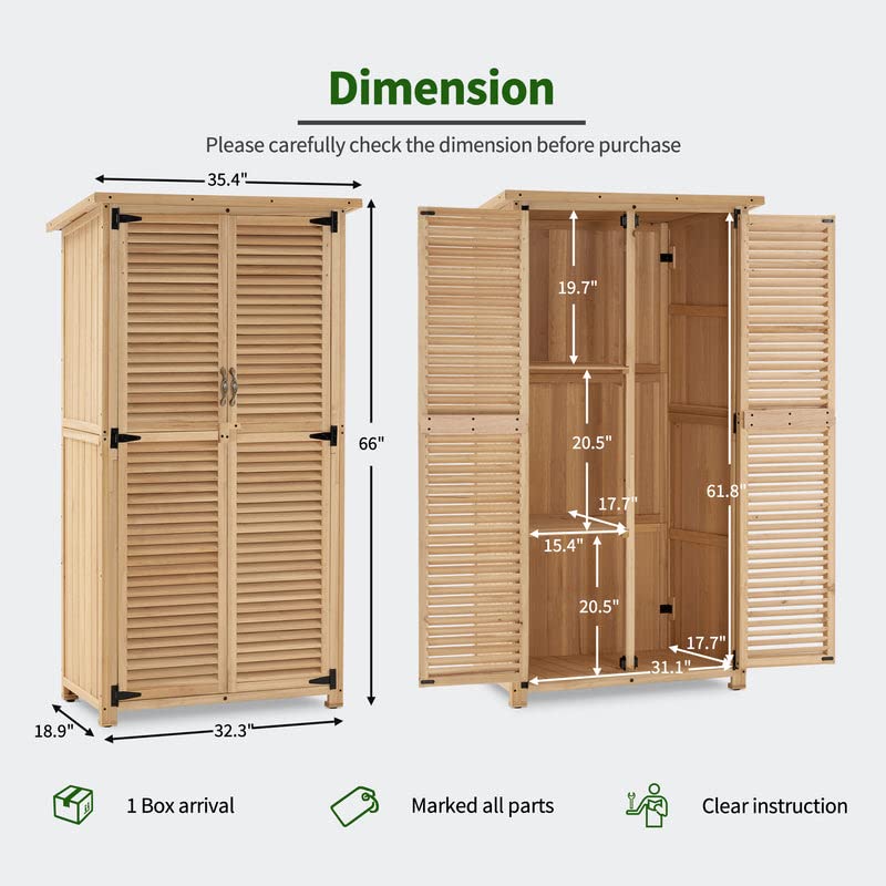 MCombo Outdoor Wooden Storage Cabinet, Garden Tool Shed with Latch, Outside Tools Wood Cabinet with Double Doors for Patio 0808