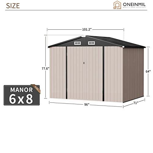 oneinmil Storage Shed 6'x8' Outdoor Garden Storage Shed, Galvanized Steel Metal Garden Shed with Air Vent and Hinged Door Utility Tool Storage House for Garden, Backyard, Patio, Lawn