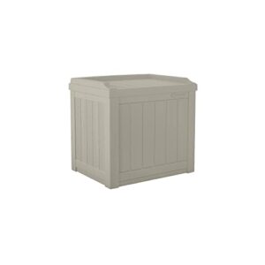 suncast small deck box-lightweight resin indoor/outdoor storage container and seat cushions and gardening tools store items on patio, garage, yard, 22 gallon, light taupe