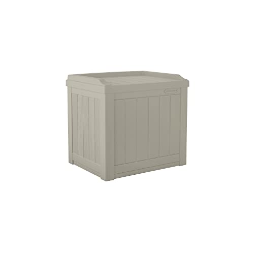 Suncast Small Deck Box-Lightweight Resin Indoor/Outdoor Storage Container and Seat Cushions and Gardening Tools Store Items on Patio, Garage, Yard, 22 Gallon, Light Taupe