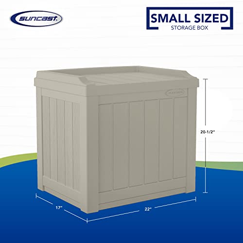 Suncast Small Deck Box-Lightweight Resin Indoor/Outdoor Storage Container and Seat Cushions and Gardening Tools Store Items on Patio, Garage, Yard, 22 Gallon, Light Taupe