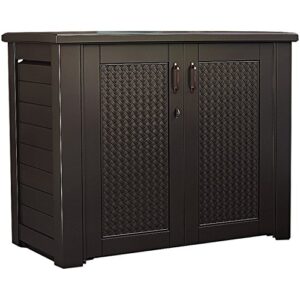 rubbermaid extra large decorative patio storage cabinet, weather resistant, 123 gal., dark teakwood, for garden/backyard/home/pool