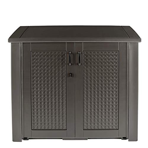 Rubbermaid Extra Large Decorative Patio Storage Cabinet, Weather Resistant, 123 Gal., Dark Teakwood, for Garden/Backyard/Home/Pool