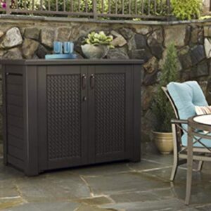 Rubbermaid Extra Large Decorative Patio Storage Cabinet, Weather Resistant, 123 Gal., Dark Teakwood, for Garden/Backyard/Home/Pool