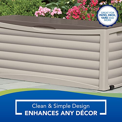 Suncast Resin 103-Gallon Large Storage Box with Wheels-Outdoor Bin for Gardening Tools, Seat Cushions, and Other Accessories, Store Items on Deck, Patio, Backyard, Taupe