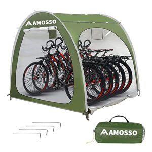 amosso 4 or 5 bike shed tent, extra thick 210d silver coated oxford waterproof & sunproof, double side opening portable storage sheds outdoor with floor for motorcycle, bicycle, garden tools, green