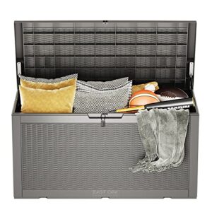 east oak 100 gallon large deck box, outdoor storage box with padlock for patio furniture, patio cushions, gardening tools, pool supplies, waterproof and uv resistant, 660lbs weight capacity, grey
