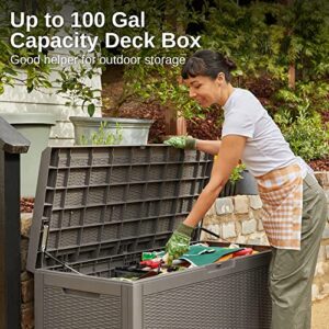 EAST OAK 100 Gallon Large Deck Box, Outdoor Storage Box with Padlock for Patio Furniture, Patio Cushions, Gardening Tools, Pool Supplies, Waterproof and UV Resistant, 660lbs Weight Capacity, Grey